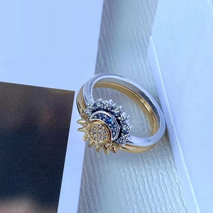 Silver Ring with Sparkling Crystals in Moon and Sun Shape