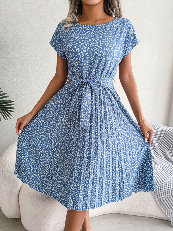 Midi-Trapezkleid mit Rundhalsausschnitt und floralem Druck mit Bindegürtel