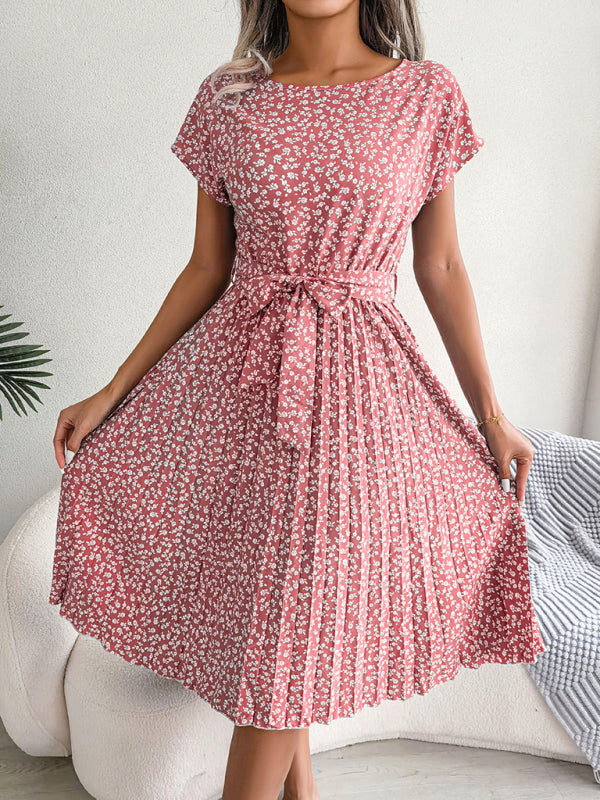 Midi-Trapezkleid mit Rundhalsausschnitt und floralem Druck mit Bindegürtel