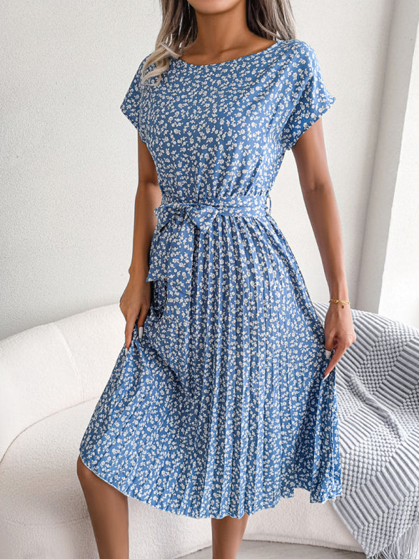 Midi-Trapezkleid mit Rundhalsausschnitt und floralem Druck mit Bindegürtel
