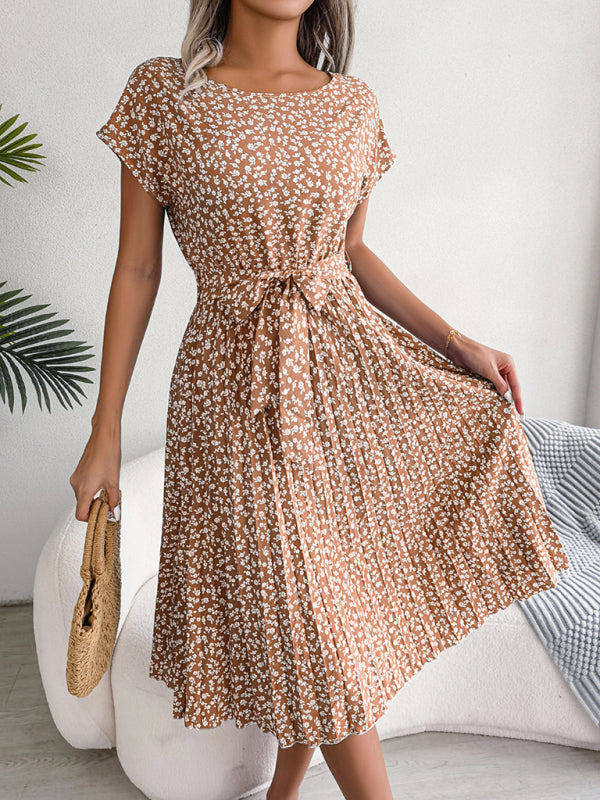 Midi-Trapezkleid mit Rundhalsausschnitt und floralem Druck mit Bindegürtel