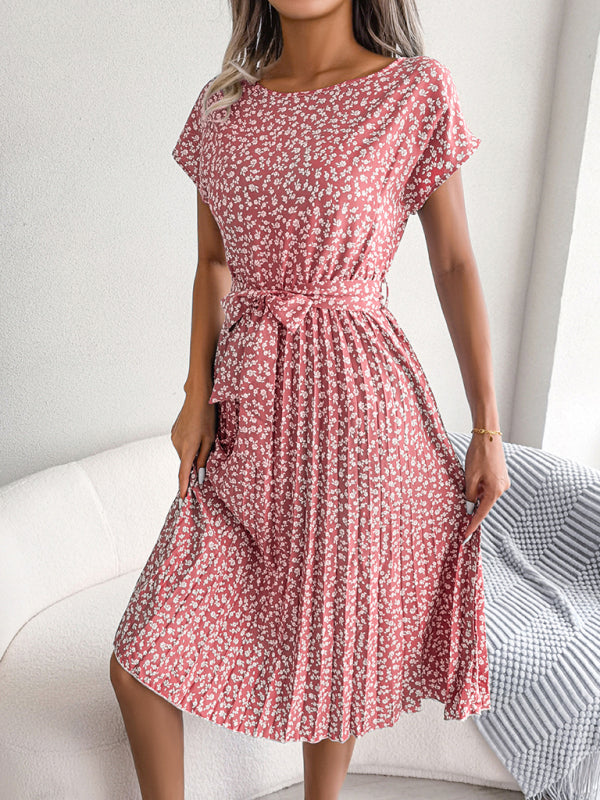 Midi-Trapezkleid mit Rundhalsausschnitt und floralem Druck mit Bindegürtel