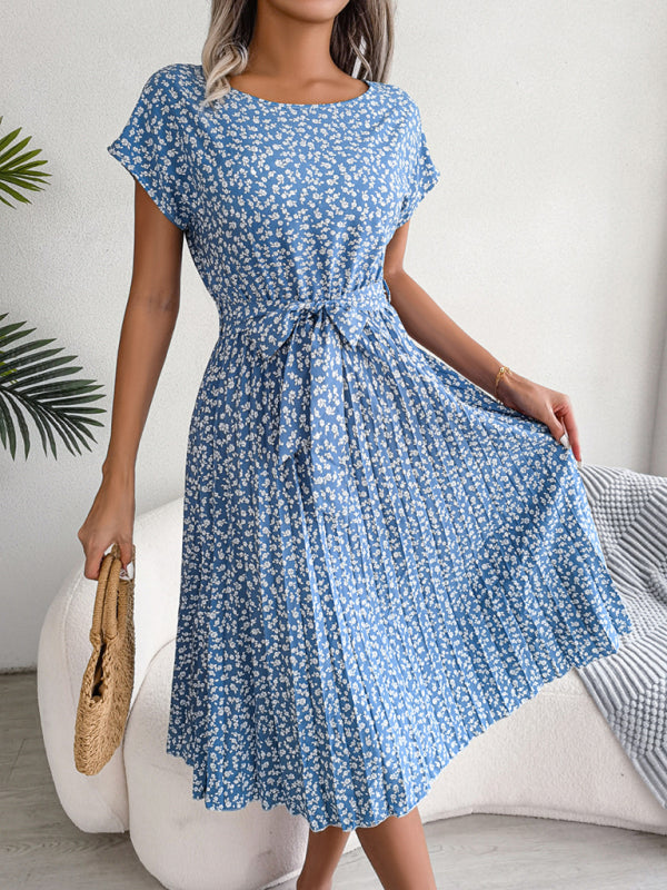 Midi-Trapezkleid mit Rundhalsausschnitt und floralem Druck mit Bindegürtel