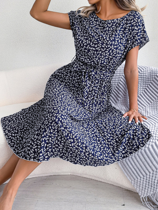 Midi-Trapezkleid mit Rundhalsausschnitt und floralem Druck mit Bindegürtel