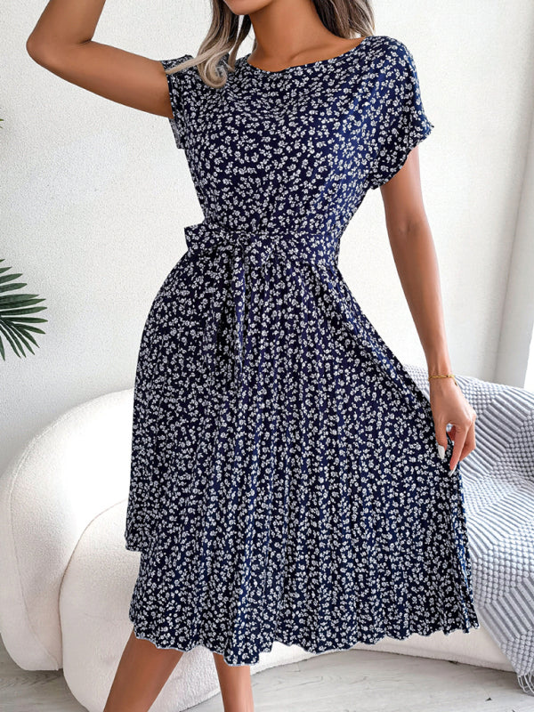 Midi-Trapezkleid mit Rundhalsausschnitt und floralem Druck mit Bindegürtel