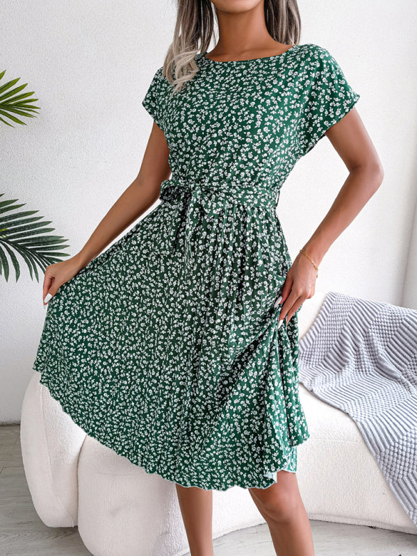 Midi-Trapezkleid mit Rundhalsausschnitt und floralem Druck mit Bindegürtel
