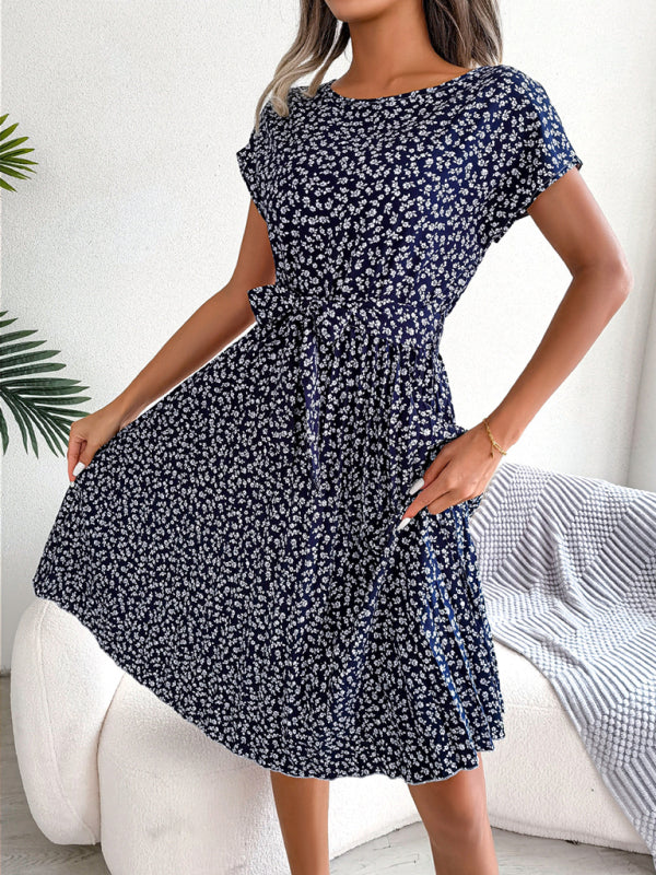 Midi-Trapezkleid mit Rundhalsausschnitt und floralem Druck mit Bindegürtel