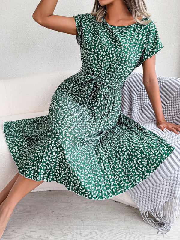 Midi-Trapezkleid mit Rundhalsausschnitt und floralem Druck mit Bindegürtel