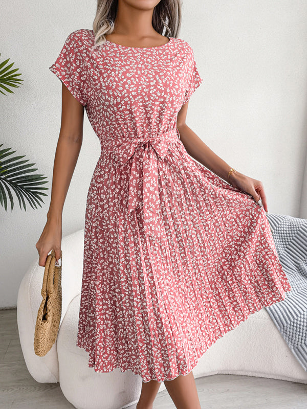 Midi-Trapezkleid mit Rundhalsausschnitt und floralem Druck mit Bindegürtel