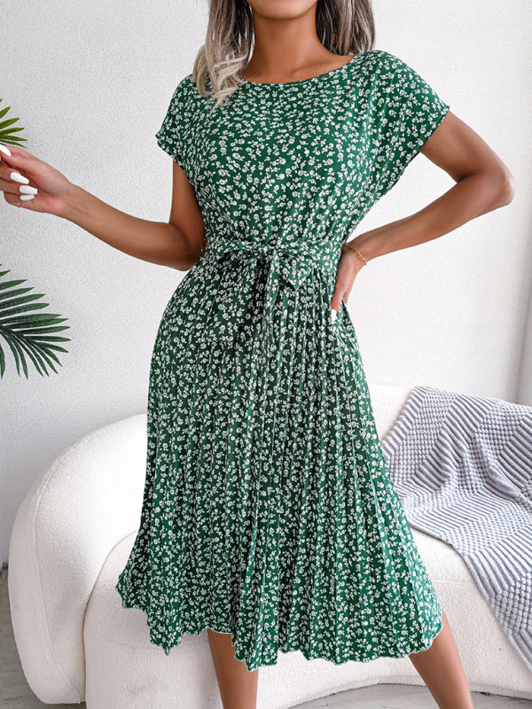 Midi-Trapezkleid mit Rundhalsausschnitt und floralem Druck mit Bindegürtel