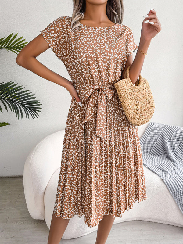 Midi-Trapezkleid mit Rundhalsausschnitt und floralem Druck mit Bindegürtel