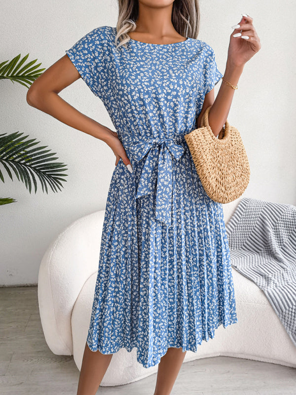 Midi-Trapezkleid mit Rundhalsausschnitt und floralem Druck mit Bindegürtel