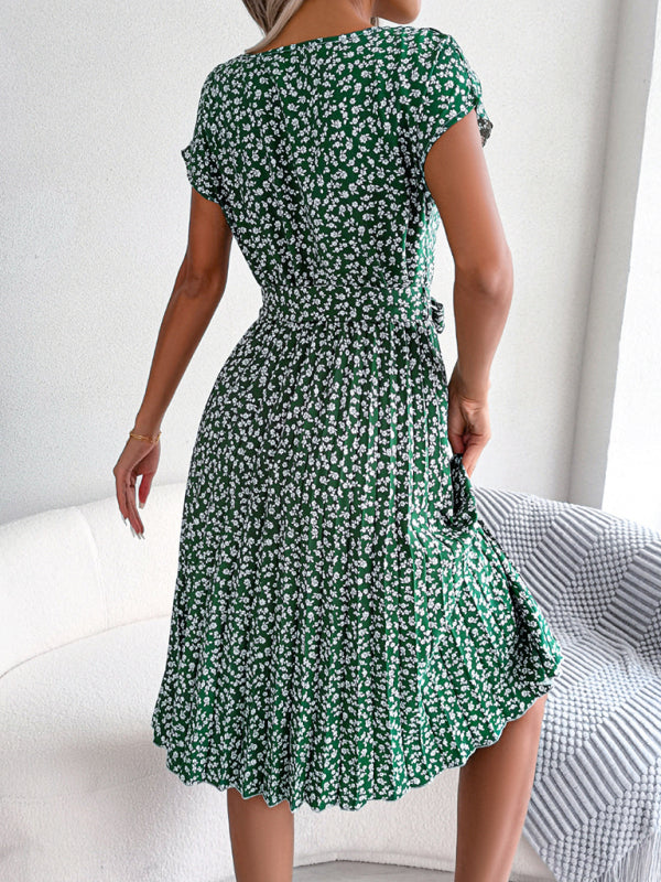 Midi-Trapezkleid mit Rundhalsausschnitt und floralem Druck mit Bindegürtel