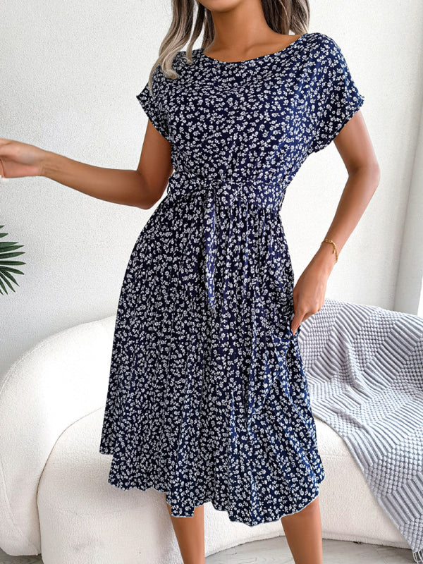 Midi-Trapezkleid mit Rundhalsausschnitt und floralem Druck mit Bindegürtel