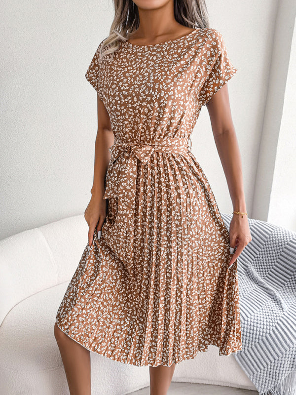 Midi-Trapezkleid mit Rundhalsausschnitt und floralem Druck mit Bindegürtel
