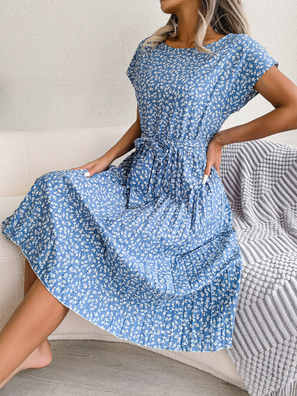 Midi-Trapezkleid mit Rundhalsausschnitt und floralem Druck mit Bindegürtel