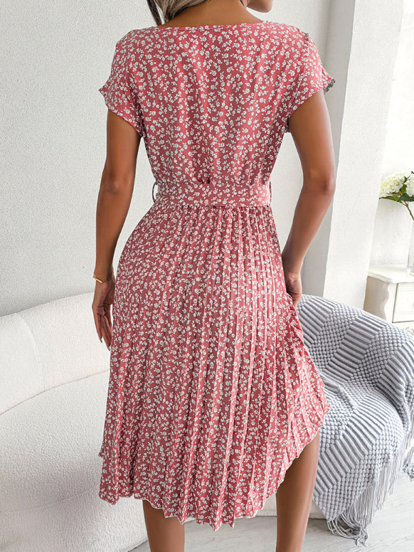 Midi-Trapezkleid mit Rundhalsausschnitt und floralem Druck mit Bindegürtel