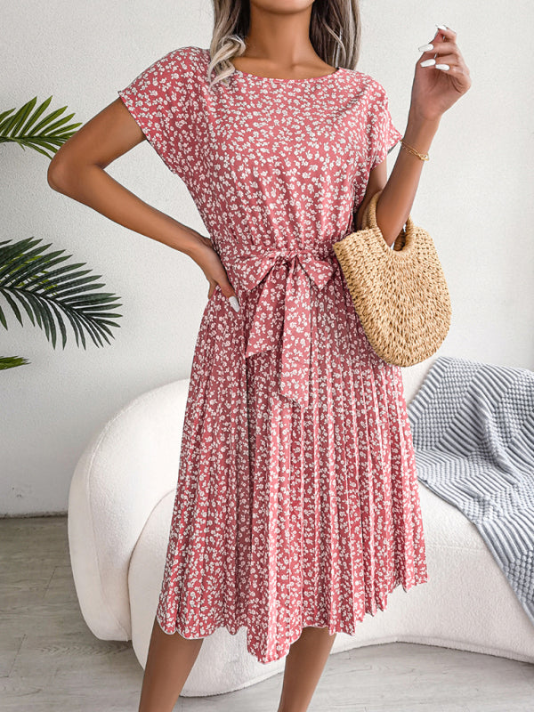 Midi-Trapezkleid mit Rundhalsausschnitt und floralem Druck mit Bindegürtel
