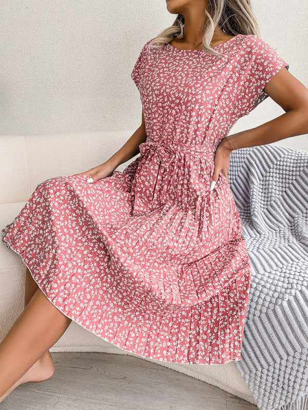 Midi-Trapezkleid mit Rundhalsausschnitt und floralem Druck mit Bindegürtel
