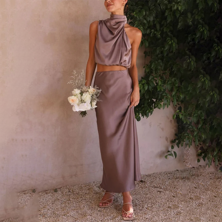 Ensemble Satin Femme 2 Pièces – Top Dos Nu & Jupe Longue Élégante