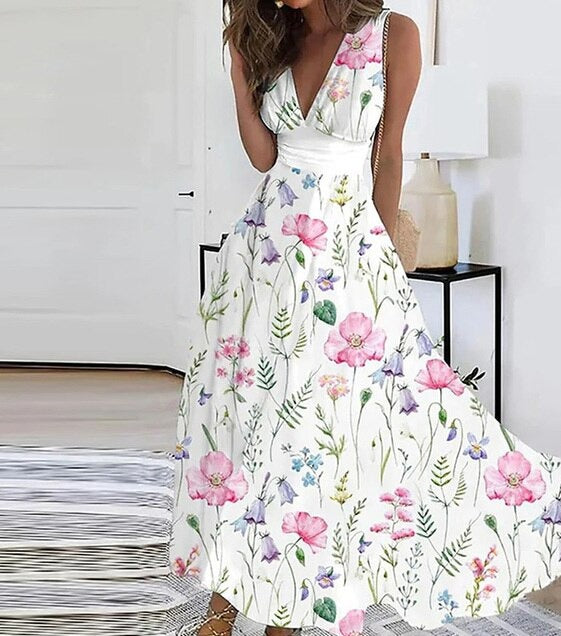 Robe Longue Bohème Femme – Décolleté Croisé & Motifs Floraux Vintage – Élégance Intemporelle Chic