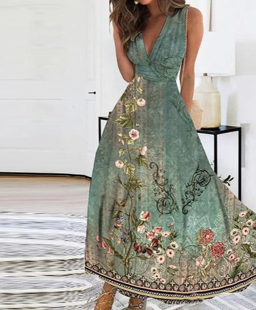 Robe Longue Bohème Femme – Décolleté Croisé & Motifs Floraux Vintage – Élégance Intemporelle Chic
