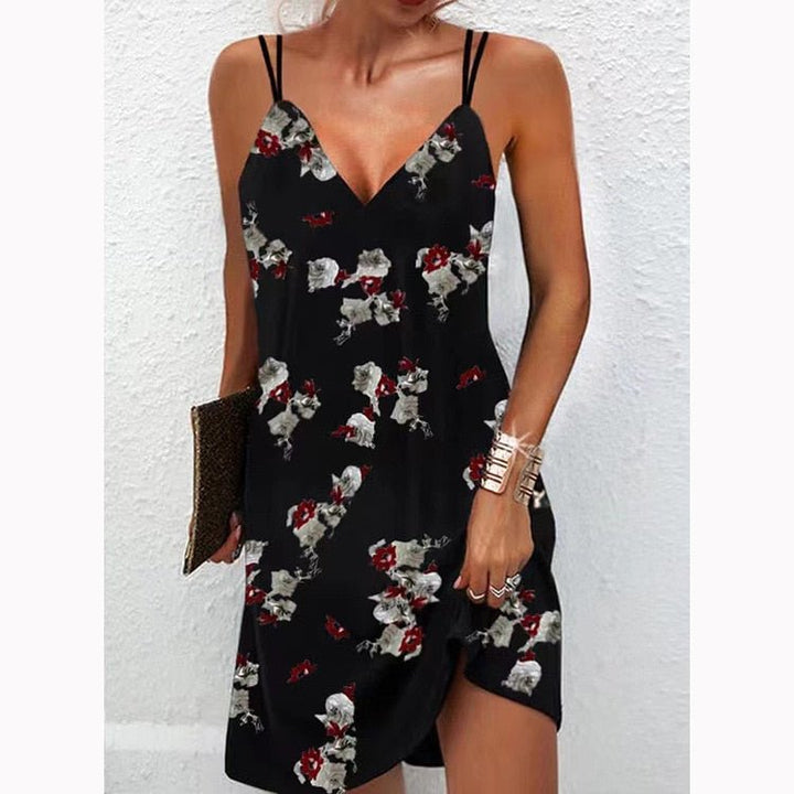Robe Courte à Bretelles Imprimé Plumes – Look Léger et Bohème pour Été et Vacances