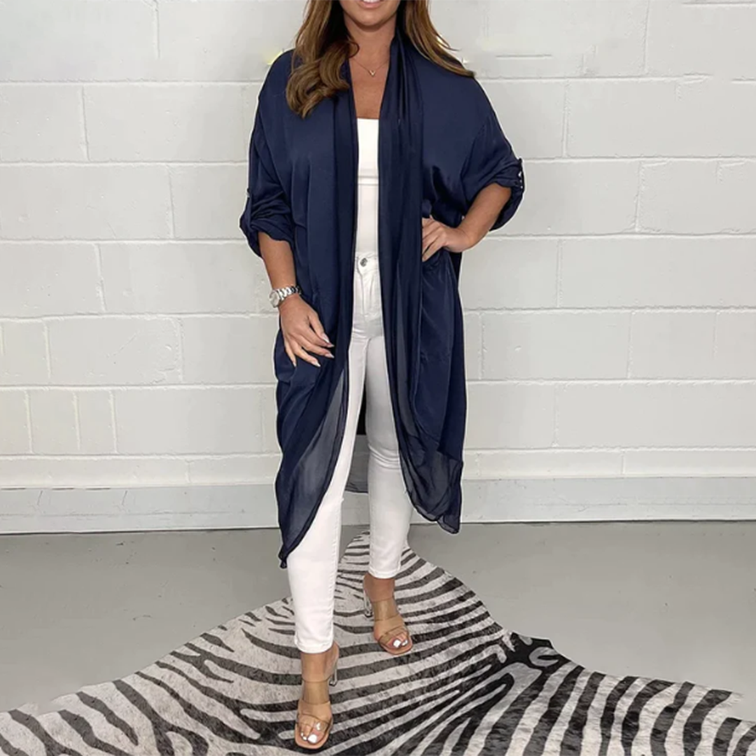 Kimono long femme fluide – Style oversized chic, coupe drapée, poches latérales