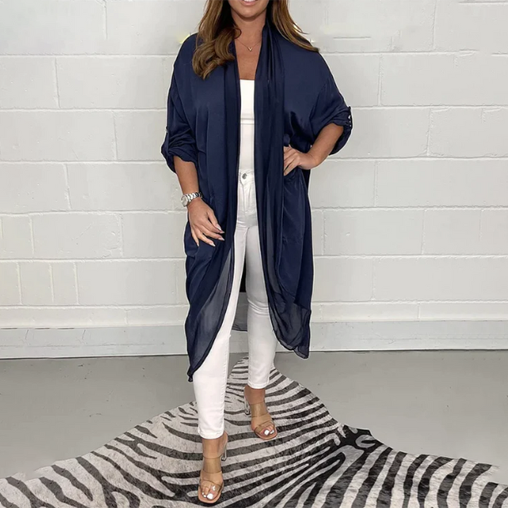 Kimono long femme fluide – Style oversized chic, coupe drapée, poches latérales