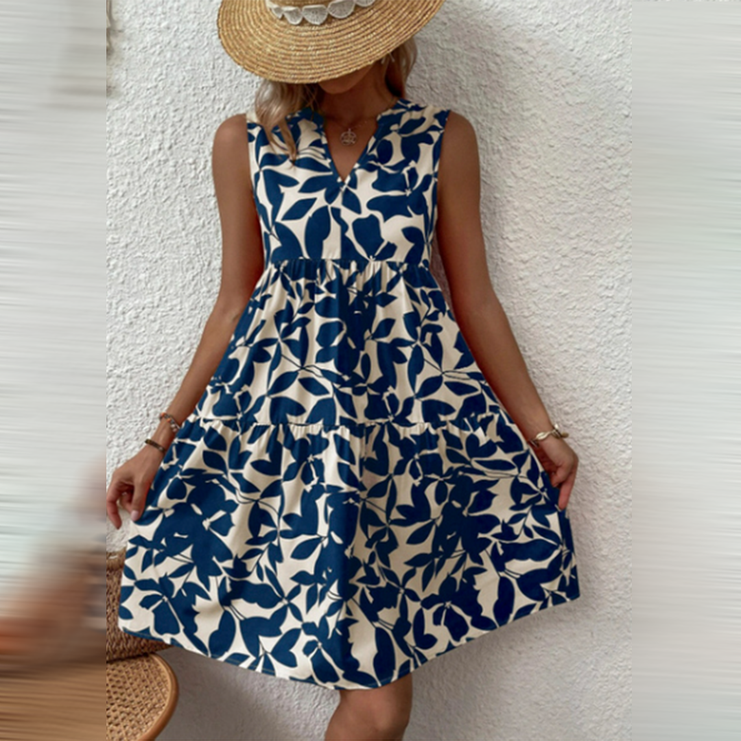 Robe Courte Évasée Femme – Sans Manches & Imprimé Feuilles – Parfaite pour Été & Vacances
