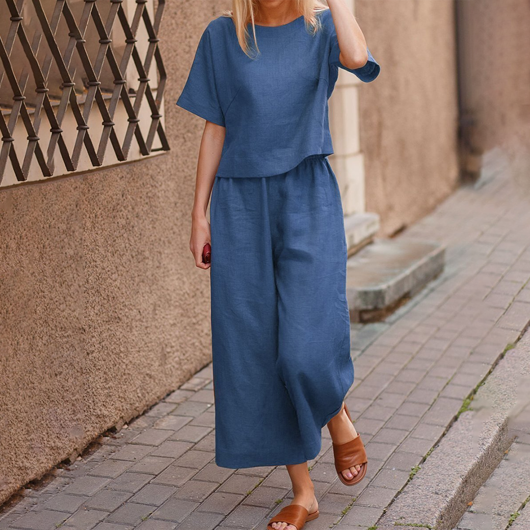 Ensemble Femme Lin Décontracté – Haut Court & Pantalon Large Taille Élastique