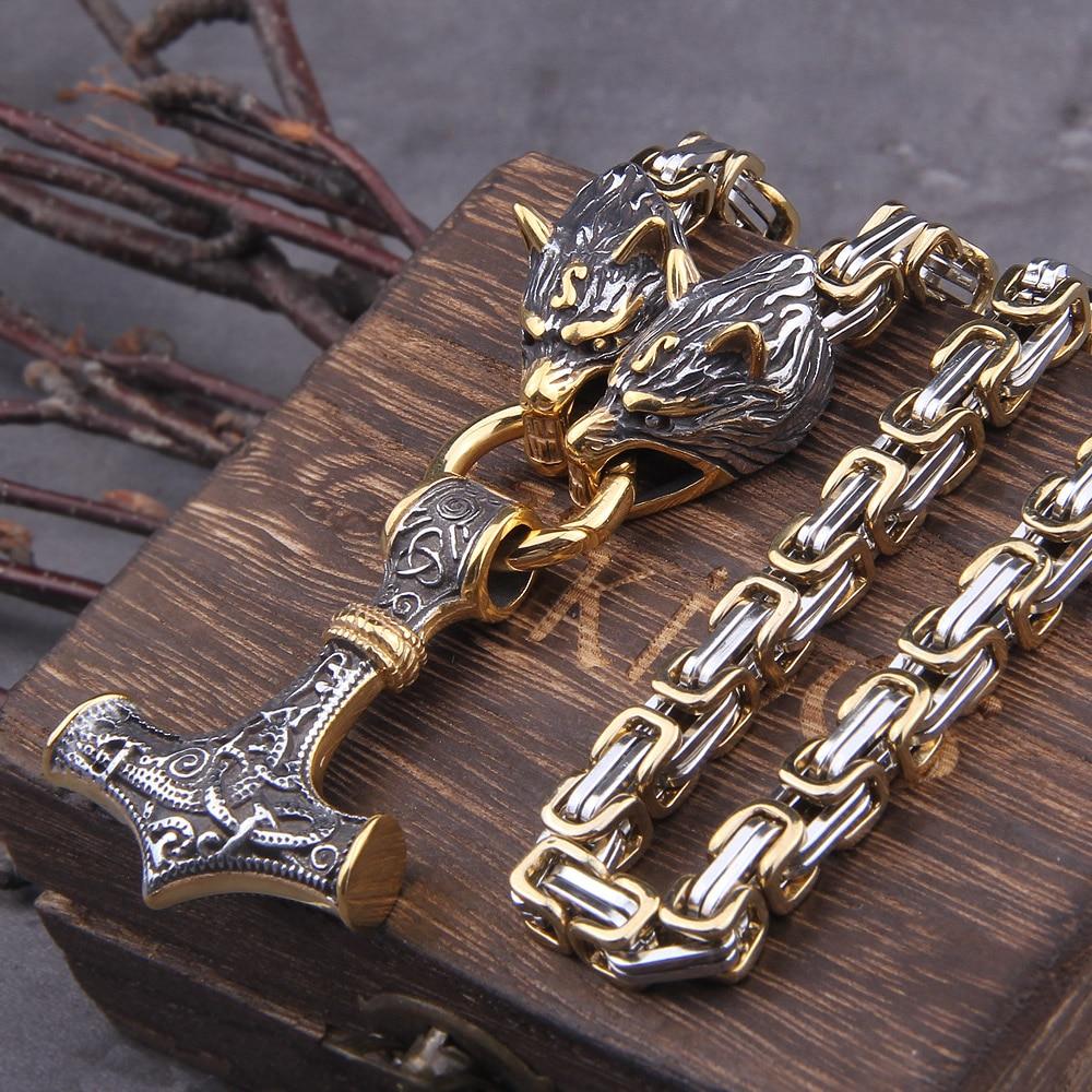 Stainless steel necklace/bracelet 60-90 cm Double wolf head & Mjolnir Survival spirit