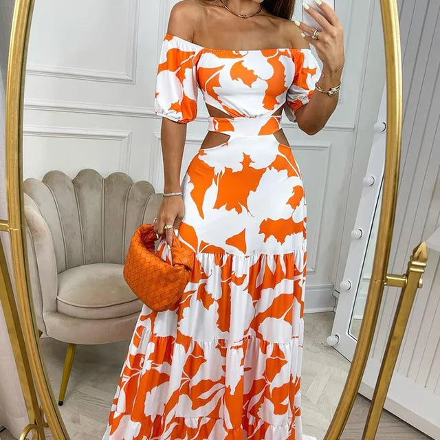 Robe Longue Femme Épaules Dénudées – Coupe Maxi avec Découpes et Imprimé Estival