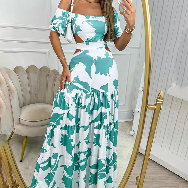 Robe Longue Femme Épaules Dénudées – Coupe Maxi avec Découpes et Imprimé Estival