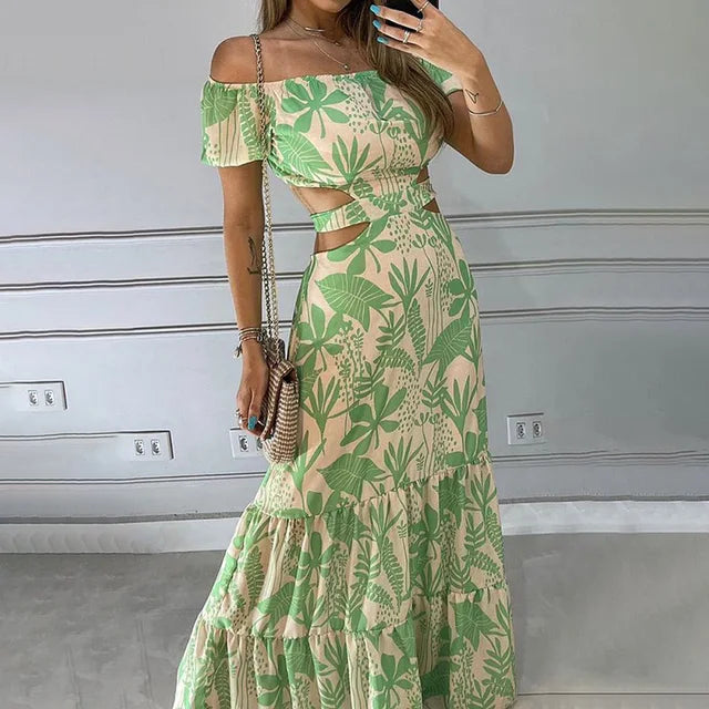 Robe Longue Femme Épaules Dénudées – Coupe Maxi avec Découpes et Imprimé Estival