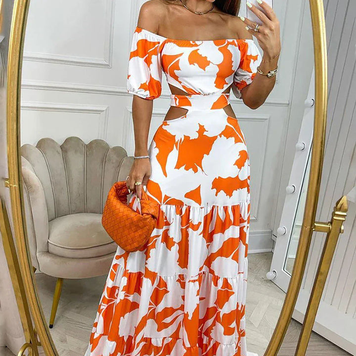 Robe Longue Femme Épaules Dénudées – Coupe Maxi avec Découpes et Imprimé Estival