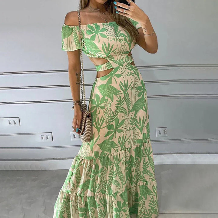 Robe Longue Femme Épaules Dénudées – Coupe Maxi avec Découpes et Imprimé Estival