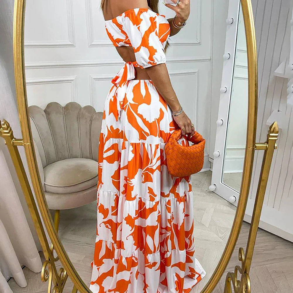 Robe Longue Femme Épaules Dénudées – Coupe Maxi avec Découpes et Imprimé Estival