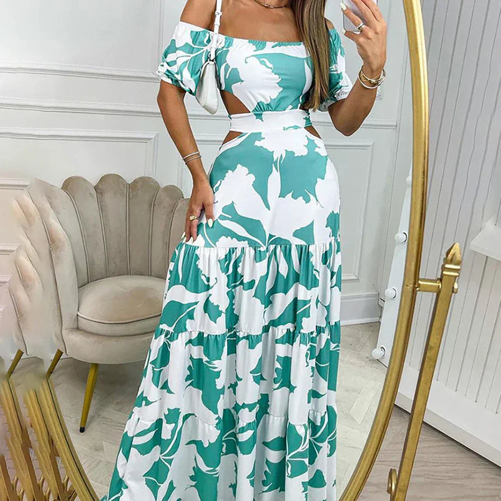Robe Longue Femme Épaules Dénudées – Coupe Maxi avec Découpes et Imprimé Estival