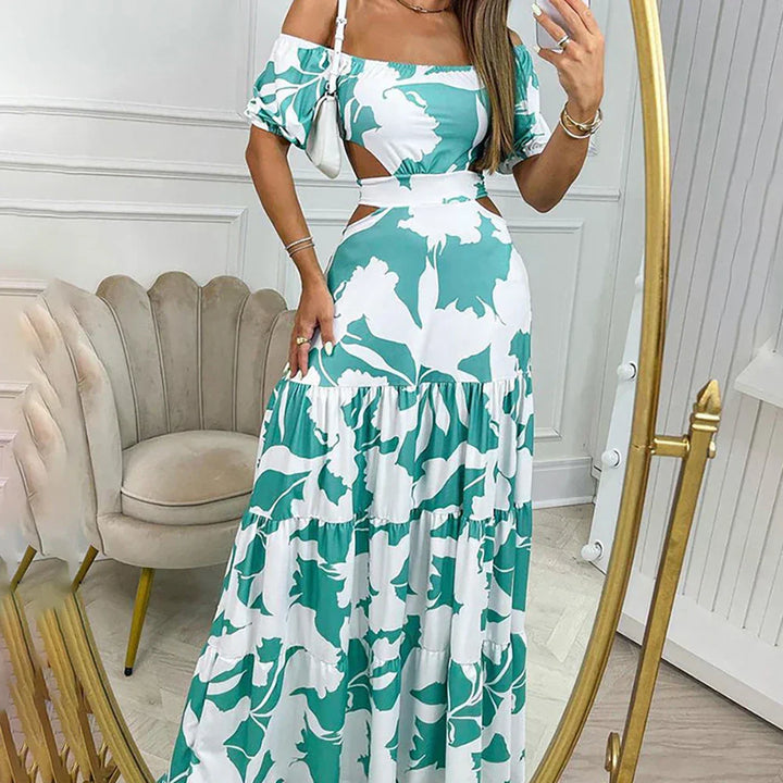 Robe Longue Femme Épaules Dénudées – Coupe Maxi avec Découpes et Imprimé Estival