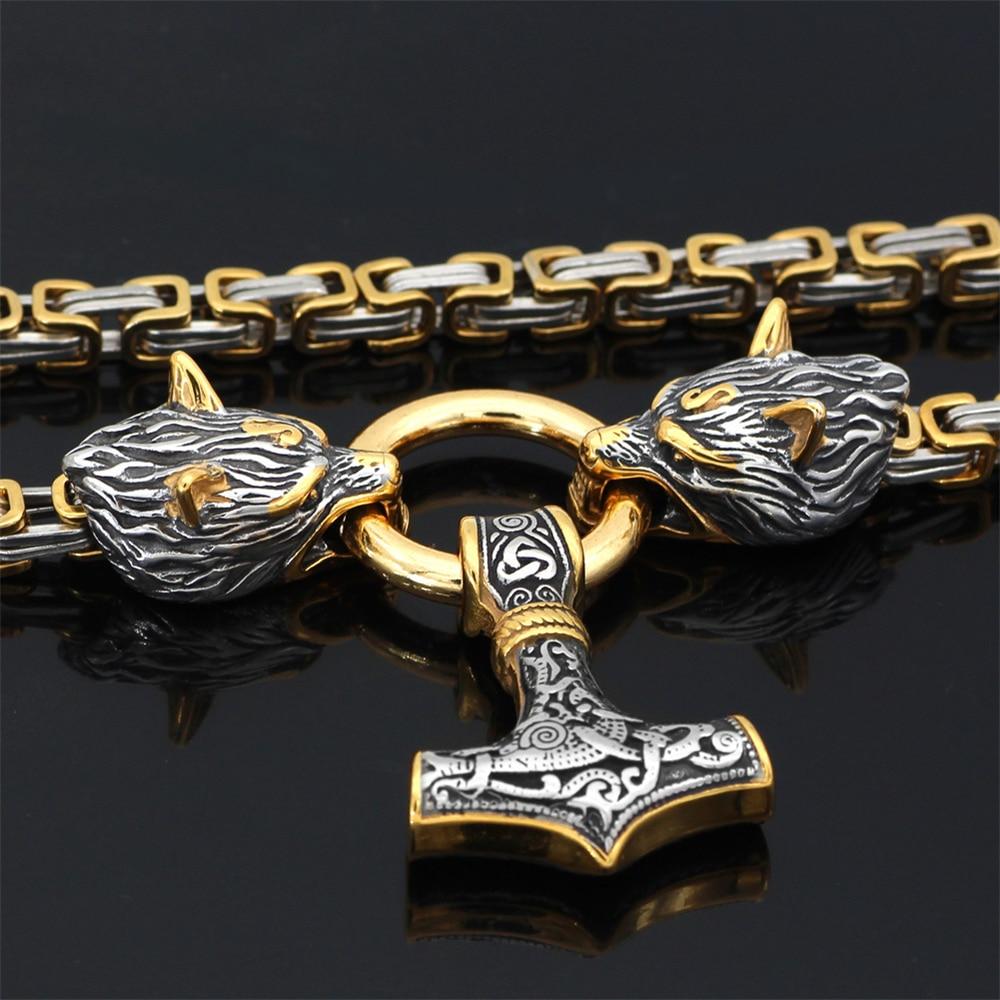 Stainless steel necklace/bracelet 60-90 cm Double wolf head & Mjolnir Survival spirit