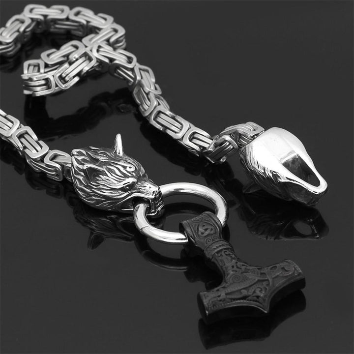 Stainless steel necklace/bracelet 60-90 cm Double wolf head & Mjolnir Survival spirit