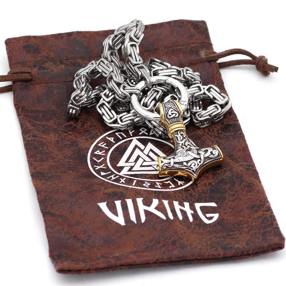 Stainless steel necklace/bracelet 60-90 cm Double wolf head & Mjolnir Survival spirit