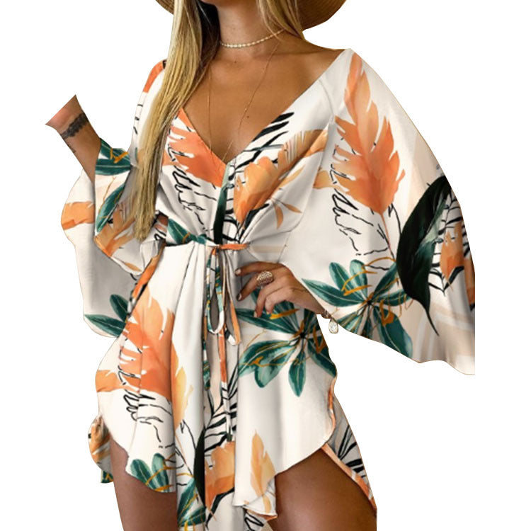 Combishort Femme Bohème – Imprimé Tropical, Manches Chauve-Souris, Décolleté Plongeant