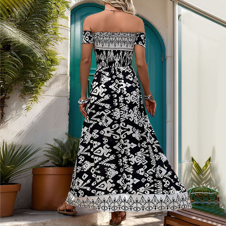 Robe Longue Bohème Femme – Épaules Dénudées, Imprimé Ethnique et Fente Latérale