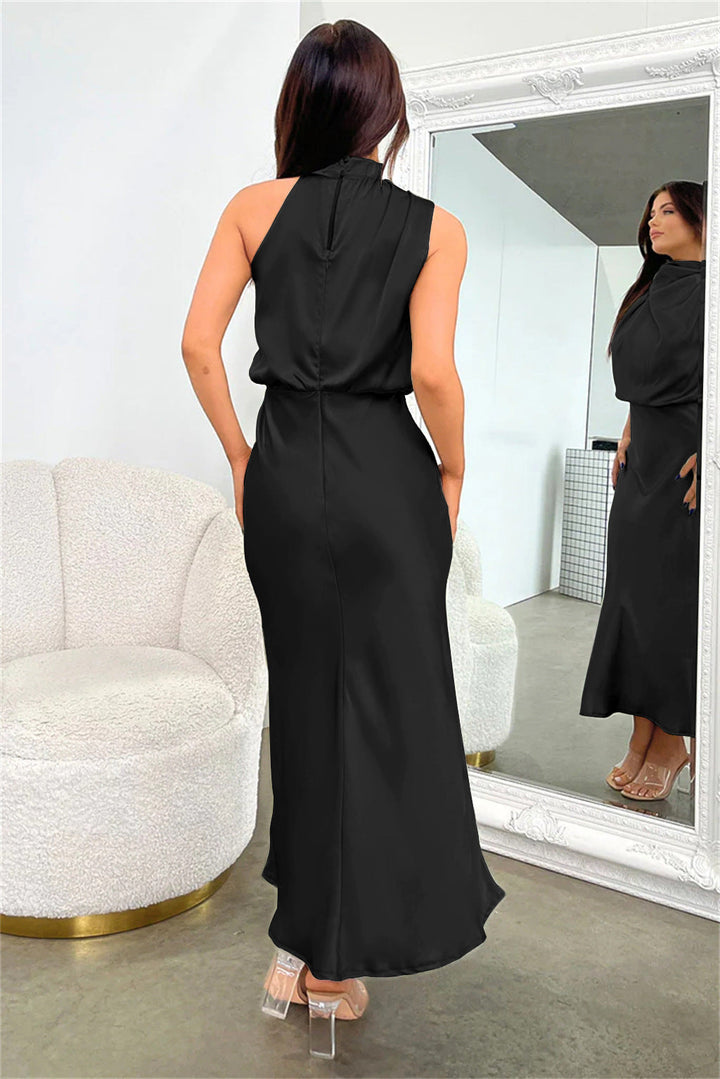 Robe Midi Femme Élégante – Robe Satinée Col Haut Drapé pour Soirée ou Occasion Spéciale