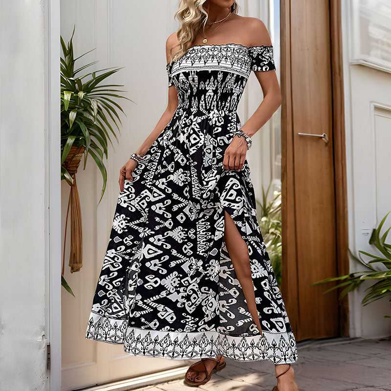 Robe Longue Bohème Femme – Épaules Dénudées, Imprimé Ethnique et Fente Latérale
