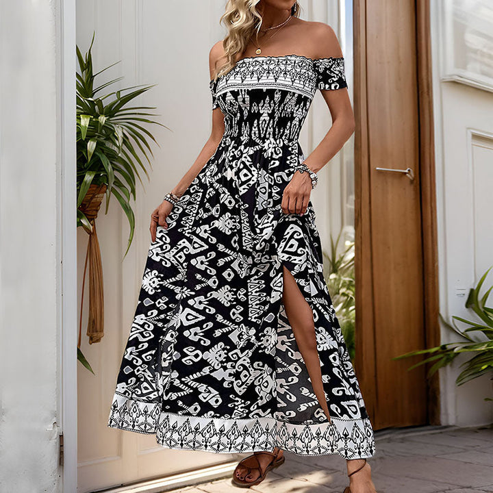 Robe Longue Bohème Femme – Épaules Dénudées, Imprimé Ethnique et Fente Latérale