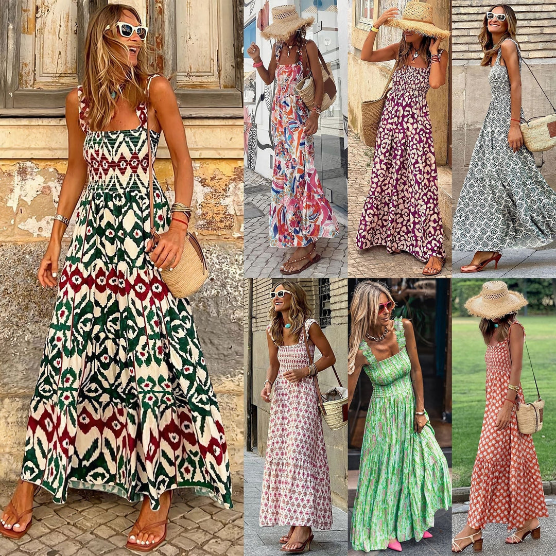 Robe Longue d’Été Femme – Bretelles Fines et Coupe Smockée avec Imprimé Sauvage Chic