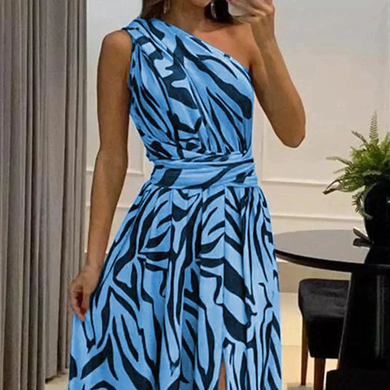 Robe Longue Asymétrique Femme – Épaule Unique & Fente Haute – Imprimé Animal Élégant pour Soirée ou Événement